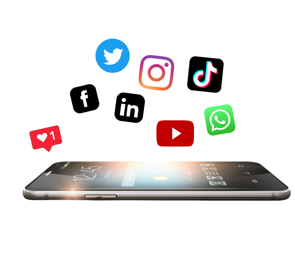 Transparen taustalla kuva matkapuhelimesta, josta lähtee flare tyyppinen valo ylöspäin ja puhelimen yläpuolella leijuvat ikonit; twitter, tiktok, instagram, youtube,whatsapp,facebook,linkedin.