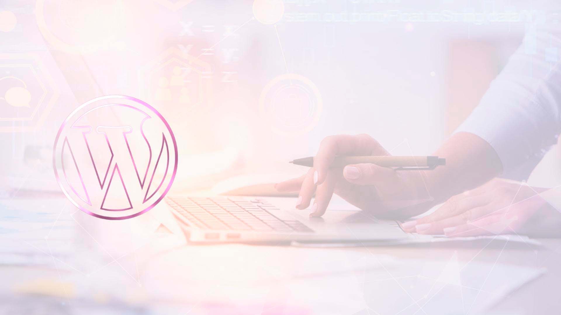 utuinen blurred kuva, jossa naisen käsi näppäimistöllö, lähikuva, kuvan päällä pinkillä sävytetty gradient wordpress logo